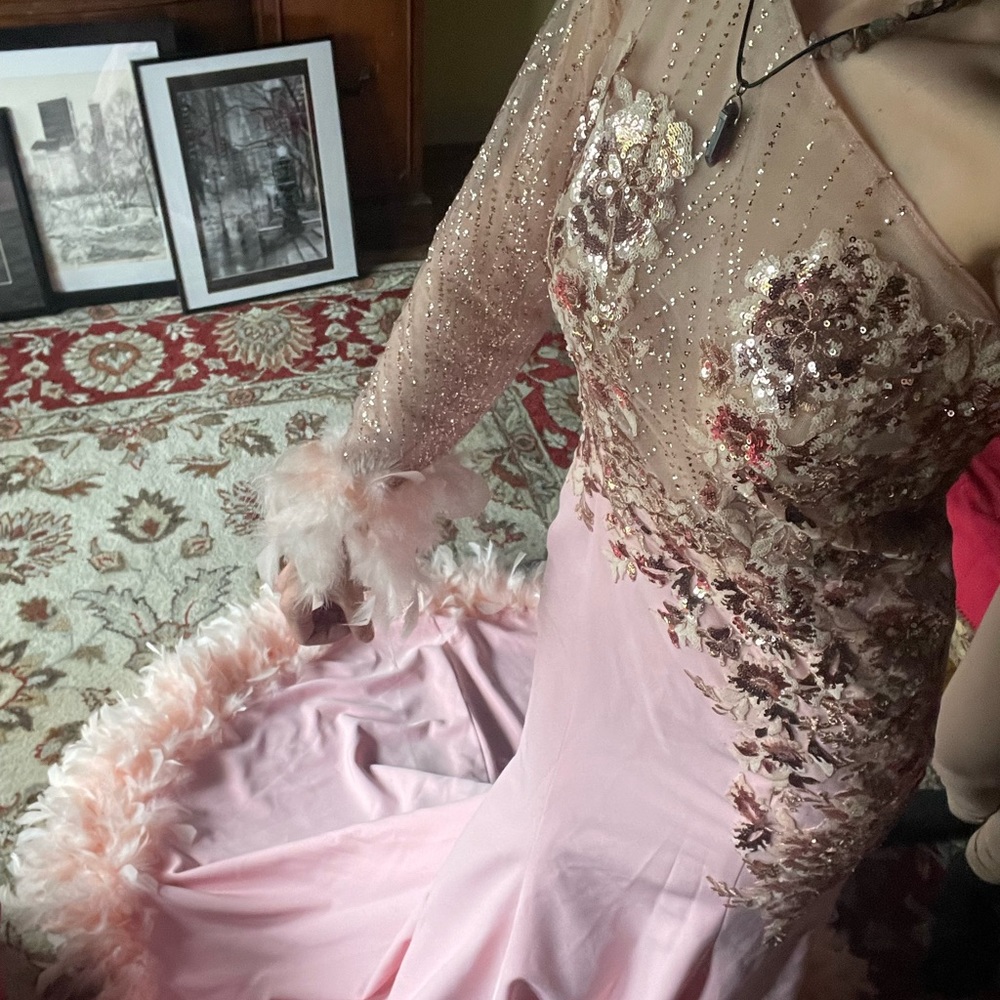 Pink feather train prom dress